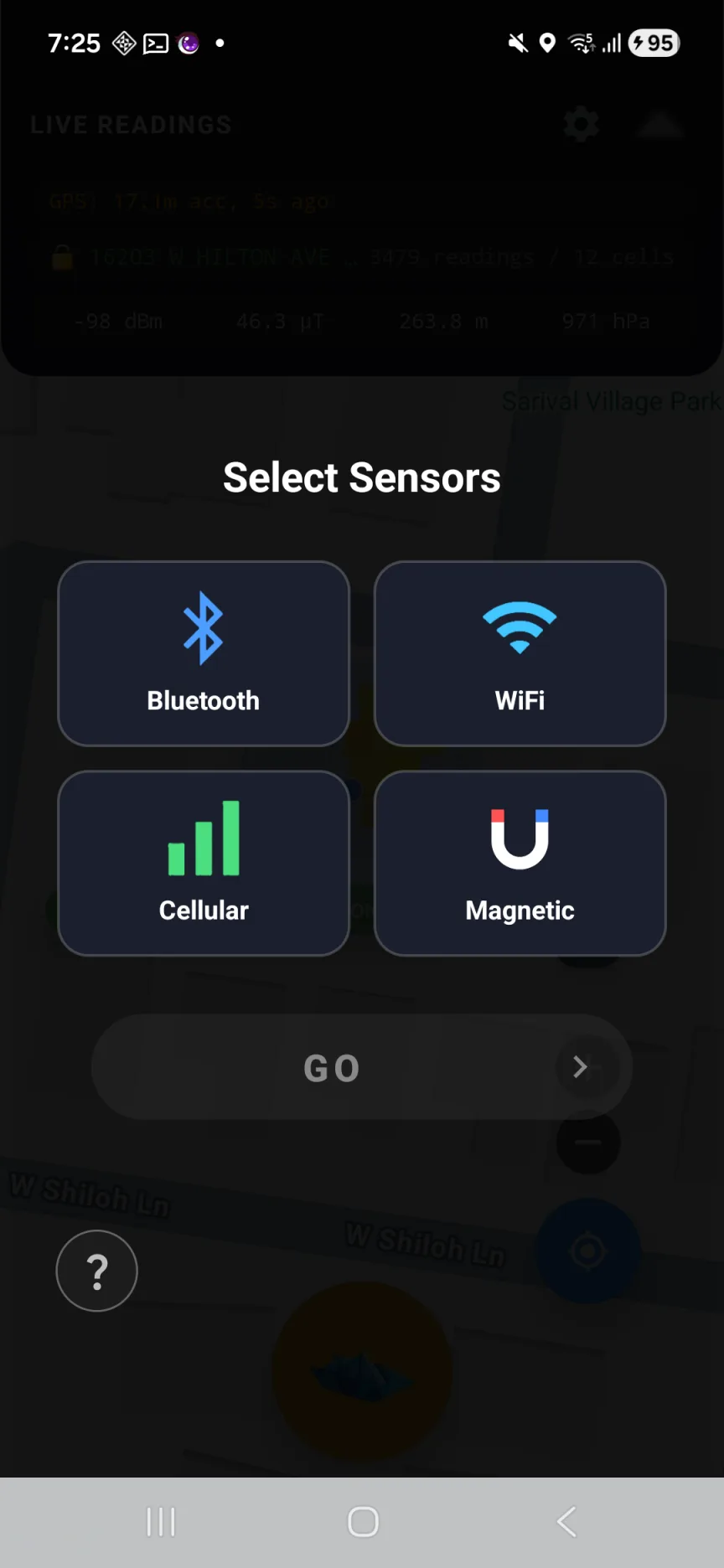 Cell Surveys Android app sensor selection screen with Bluetooth, WiFi, Cellular, and Magnetic options