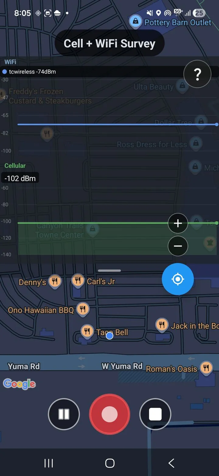 Cell Surveys app actively collecting multi-carrier RF measurements at a survey test point