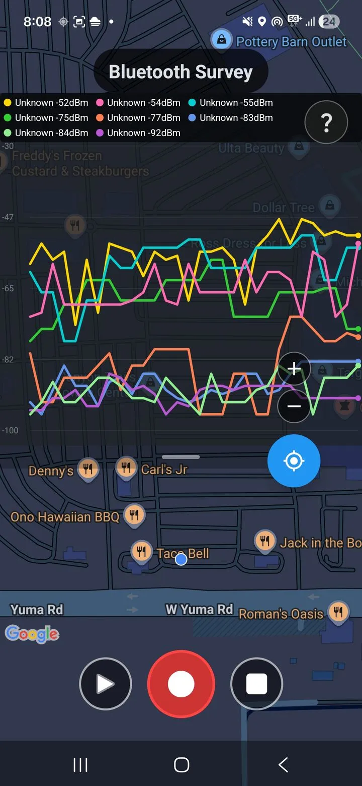Cell Surveys app detecting Bluetooth devices and WiFi networks alongside cellular signals