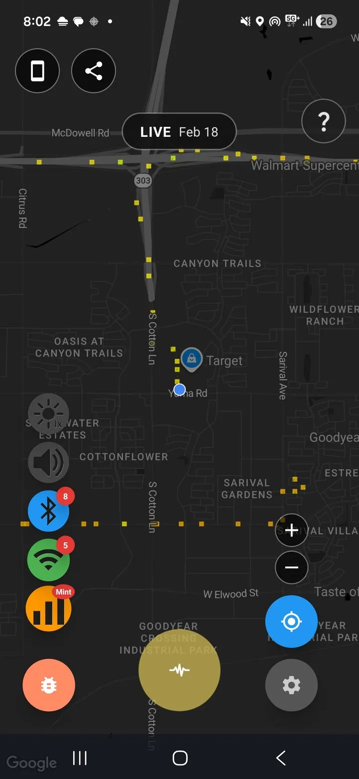 Cell Surveys mobile app showing live signal monitoring during an onsite survey
