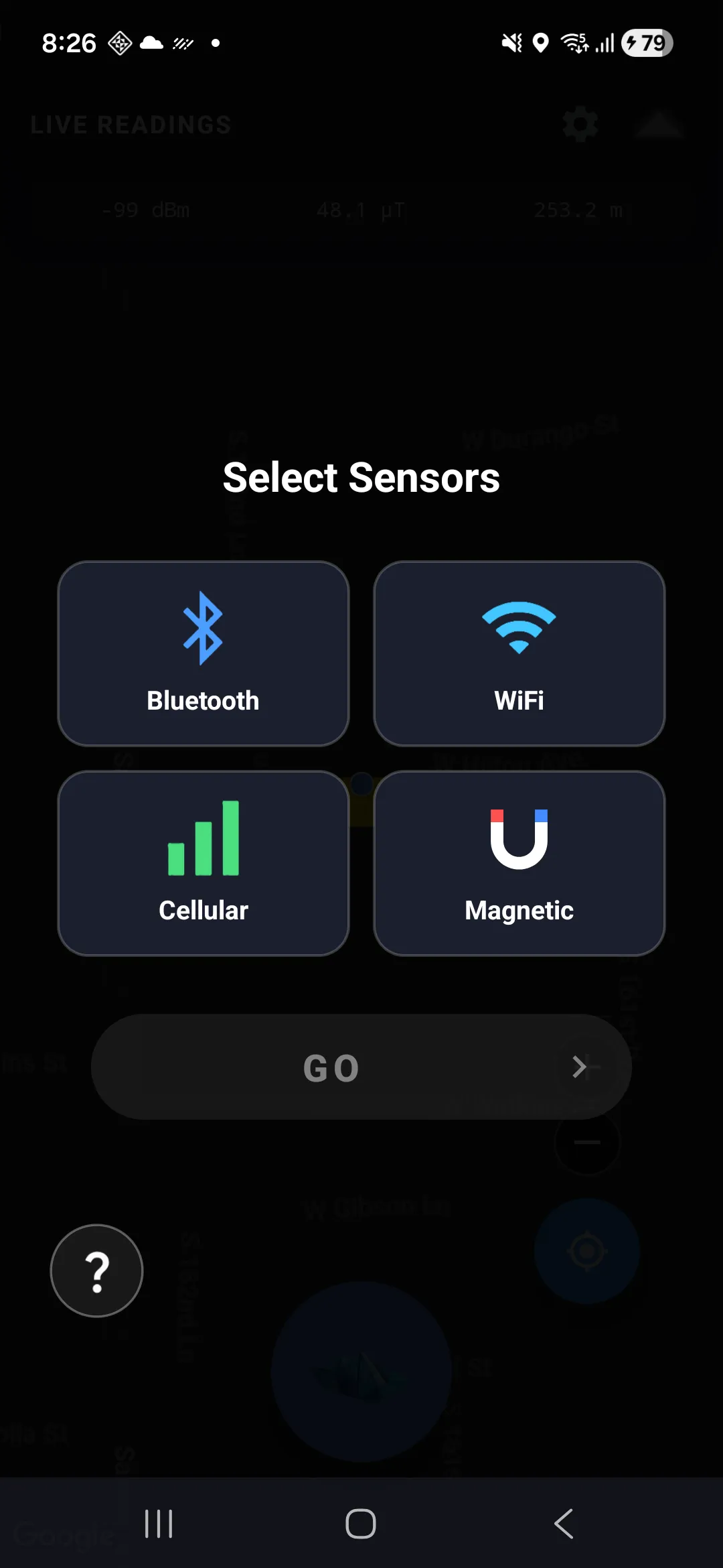 Cell Surveys app sensor selection screen showing Bluetooth, WiFi, Cellular, and Magnetic field options with live readings