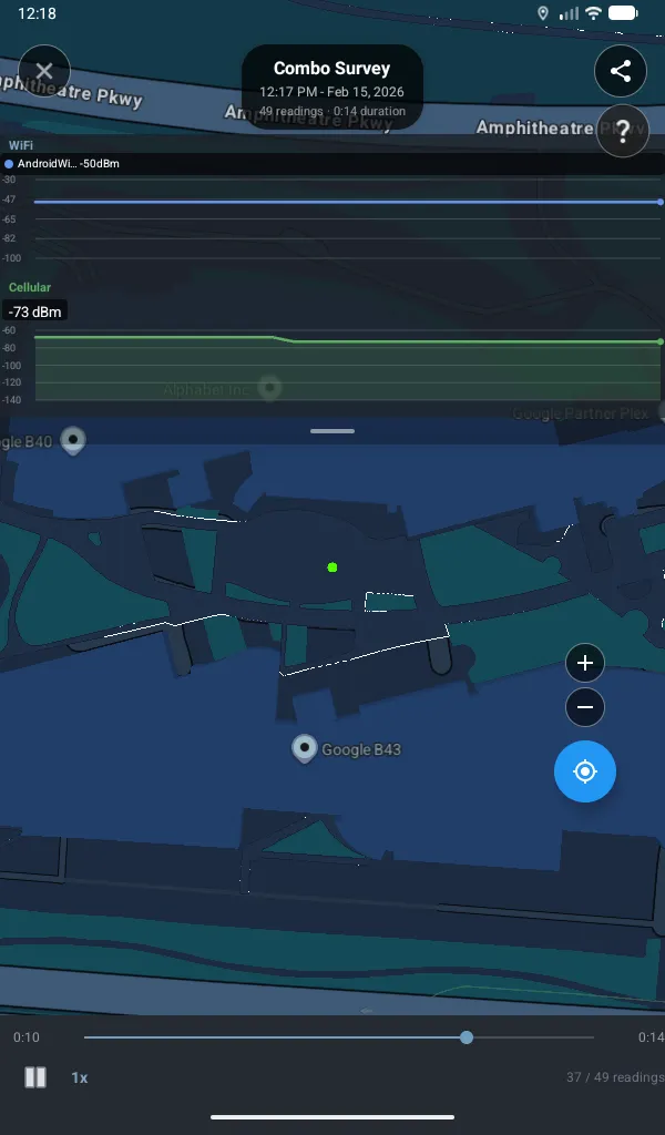 Cell Surveys app survey playback mode replaying recorded signal measurements on a map