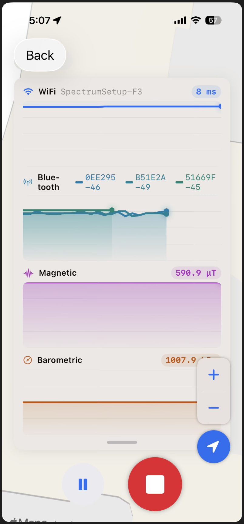 Cell Surveys iOS app showing live WiFi, Bluetooth, magnetic, and barometric sensor readings during a survey