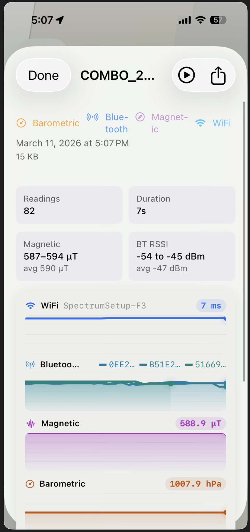 Cell Surveys app multi-sensor survey detail with WiFi, Bluetooth, magnetic, and barometric data