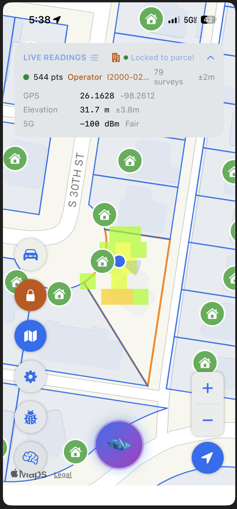Cell Surveys app live readings panel with GPS, elevation, and 5G signal locked to a parcel map