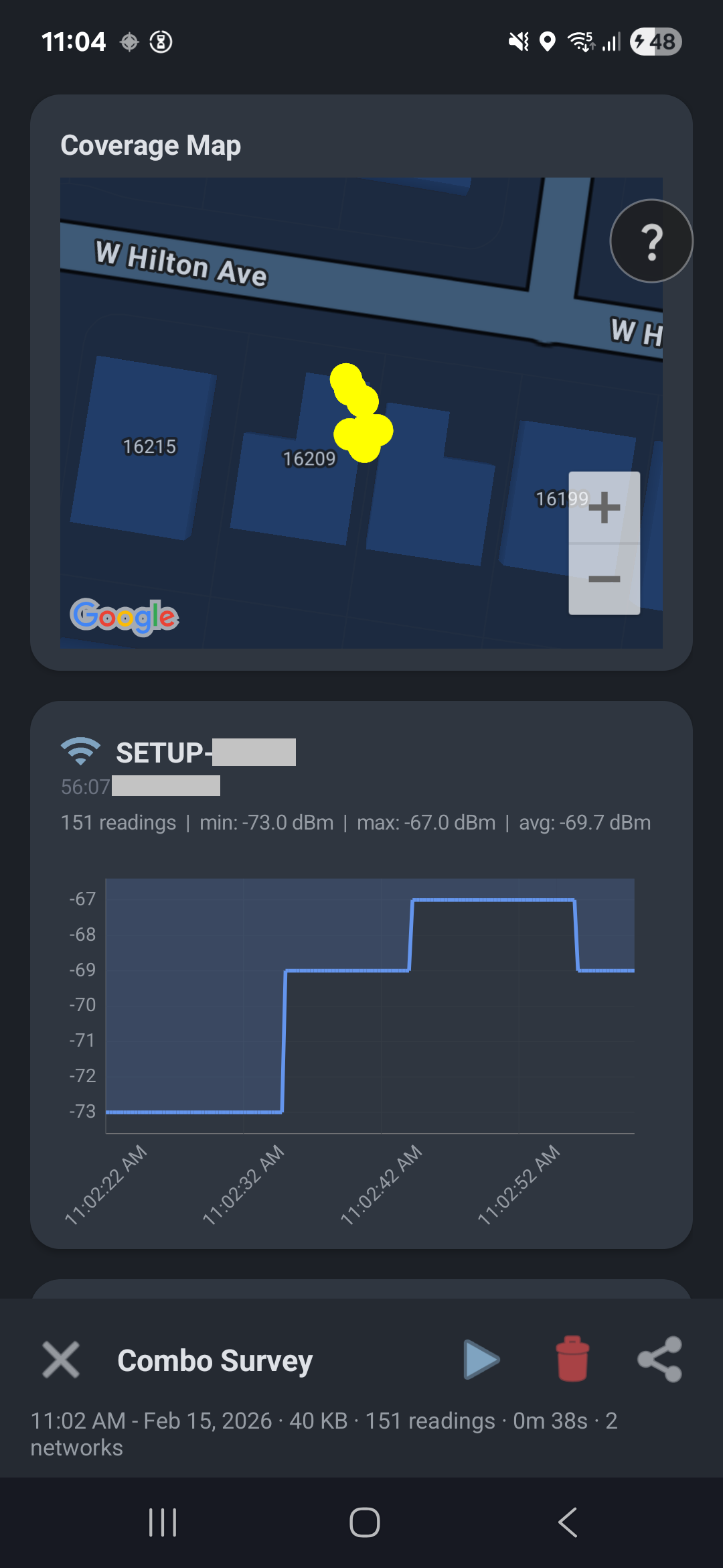 Cell Surveys app coverage map with WiFi signal-strength chart and survey statistics