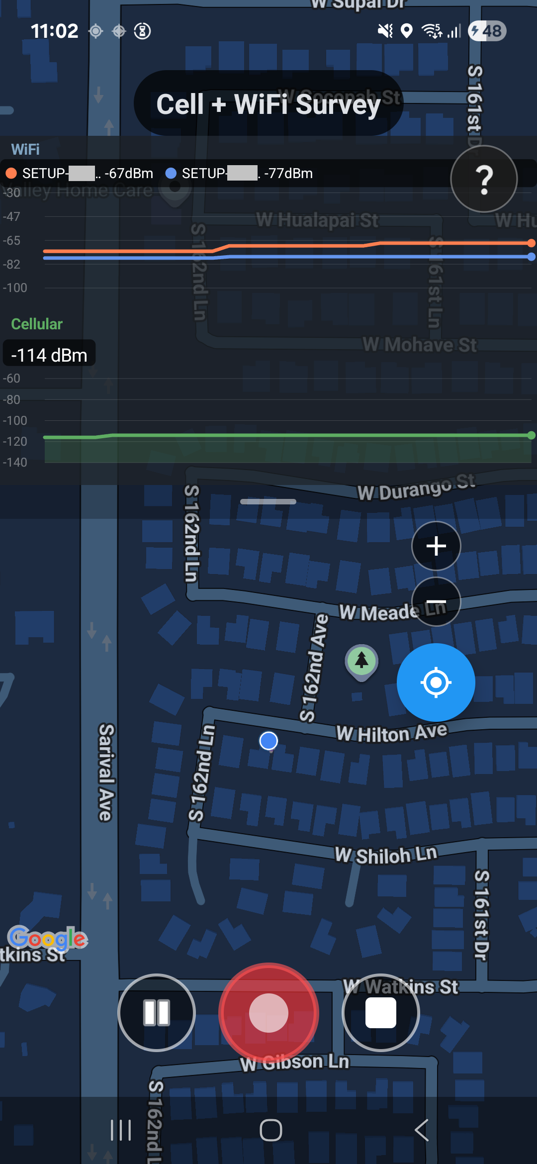 Cell Surveys Android app running a live cell and WiFi survey with real-time signal readings on a map